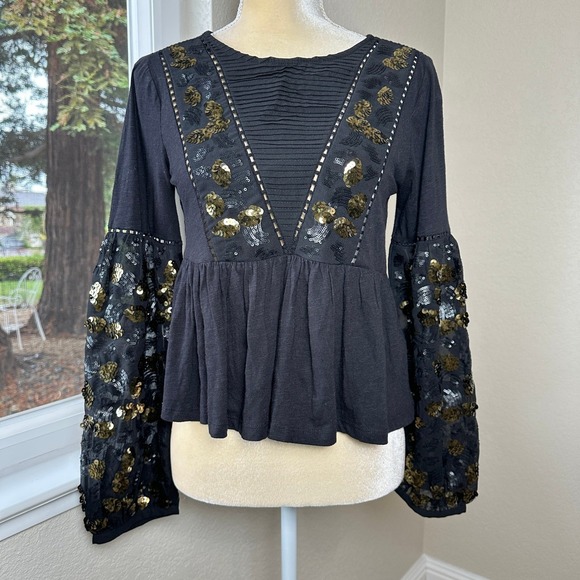Anthropologie Neale Sequin Embellished Top XS Black Gold Bell Peplum Hem Cropped - Picture 2 of 10
